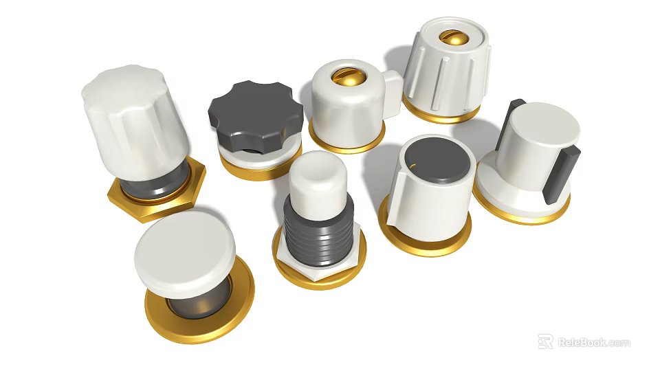 Assorted Hardware Tools Knobs With White Black Colors And Gold Base Designs 3d model 