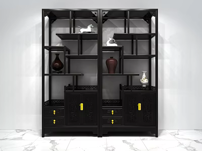 Black Chinese Style Display Shelf with Multi Layer Design and Decorative Vases Storage Cabinets 3d model