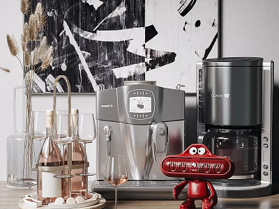 Modern Kitchen Counter With Coffee Maker Wine Glass And Red Toy Decor 3d model