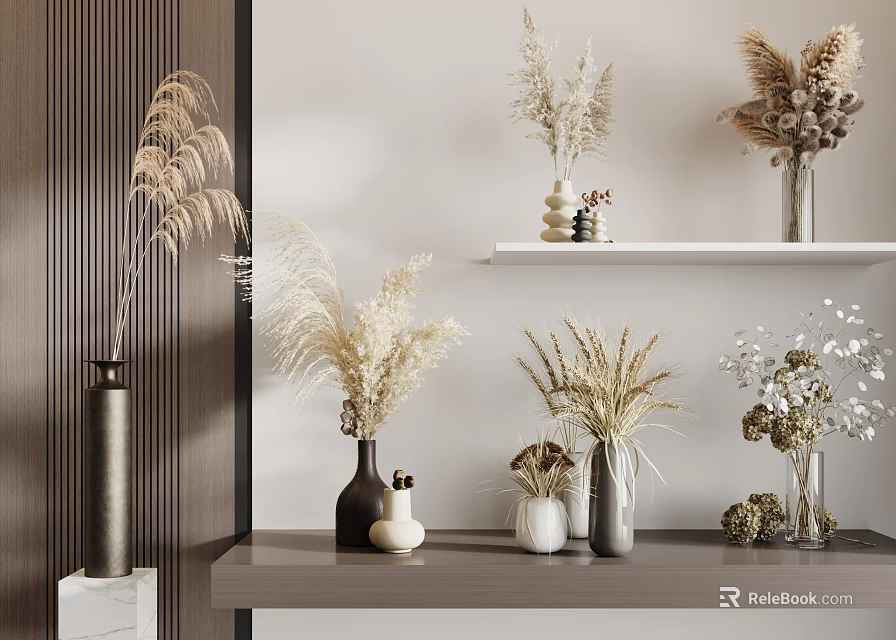 Minimalist Interior With Vases Holding Dried Pampas Grass Wheat And White Blooms On Shelves Tabletop 3d model 