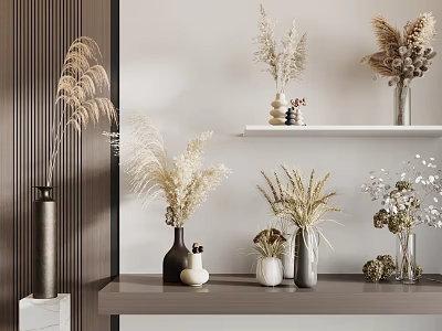 Minimalist Interior With Vases Holding Dried Pampas Grass Wheat And White Blooms On Shelves Tabletop 3d model