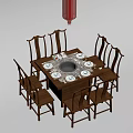 Traditional Chinese Dining Table With Wooden Chairs And Red Lantern Hanging Over Tableware Setup