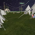 Starry Sky Campsite With White Tents String Lights Green Grass And Relaxing Area