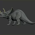 Green Triceratops Toy Model With Spiked Frill Yellow Horns And Open Mouth On Dark Background