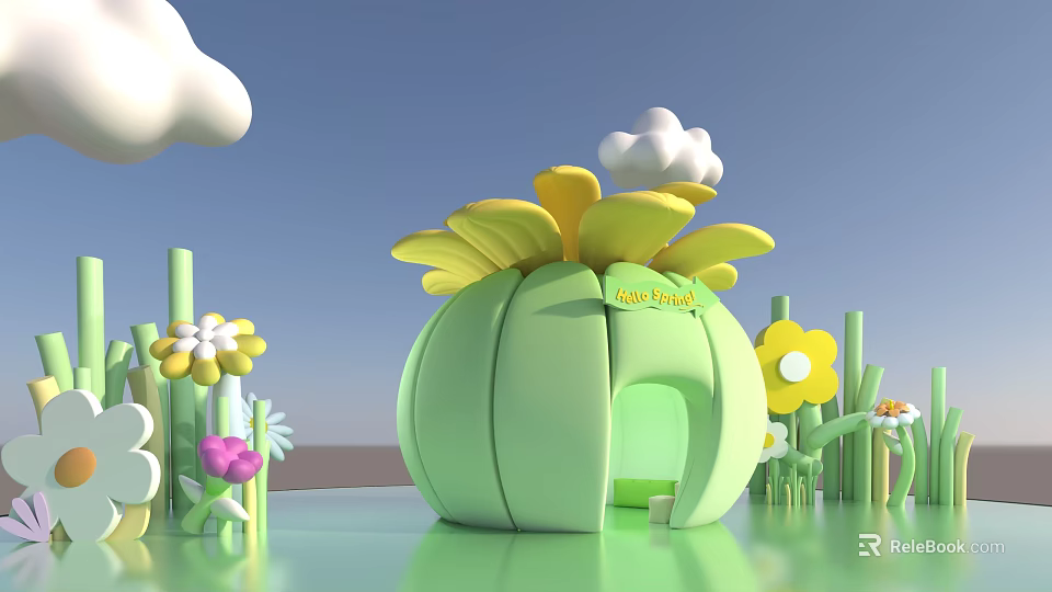 Cartoon Scene With Green Flower Shaped House Yellow Petals White Cloud And Colorful Flowers 3d model 