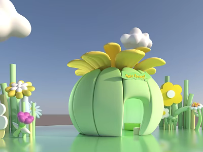 Cartoon Scene With Green Flower Shaped House Yellow Petals White Cloud And Colorful Flowers 3d model