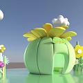 Cartoon Scene With Green Flower Shaped House Yellow Petals White Cloud And Colorful Flowers