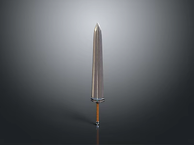 Polished Metal Sword Design With Wooden Handle And Decorative Ring On Gray Background 3d model