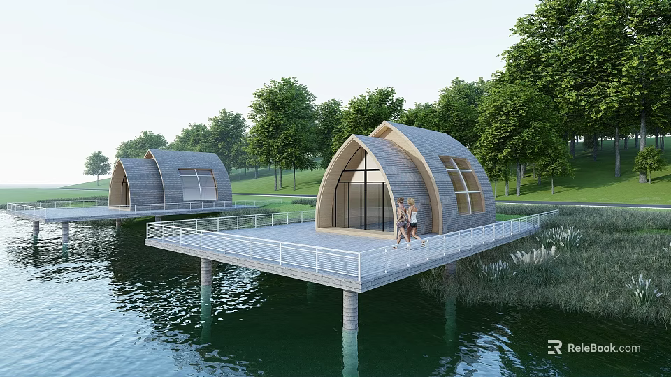 Arched Roof Guesthouse Buildings On Overwater Platform With Surrounding Trees And People Walking 3d model 