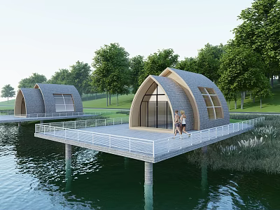 Arched Roof Guesthouse Buildings On Overwater Platform With Surrounding Trees And People Walking 3d model