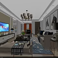 Modern Living and Dining Room Interior Design With TV Chandelier Sofa And Decorative Paintings