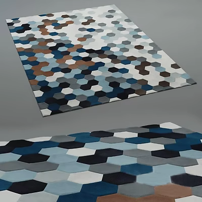 Modern Square Carpet With Hexagon Geometric Pattern In Blue Brown Gray Tones 3d model
