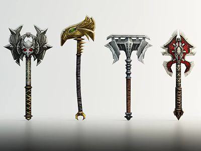 Fantasy Battle Weapons Featuring Skull Eagle Head And Ornate Metal Designs 3d model