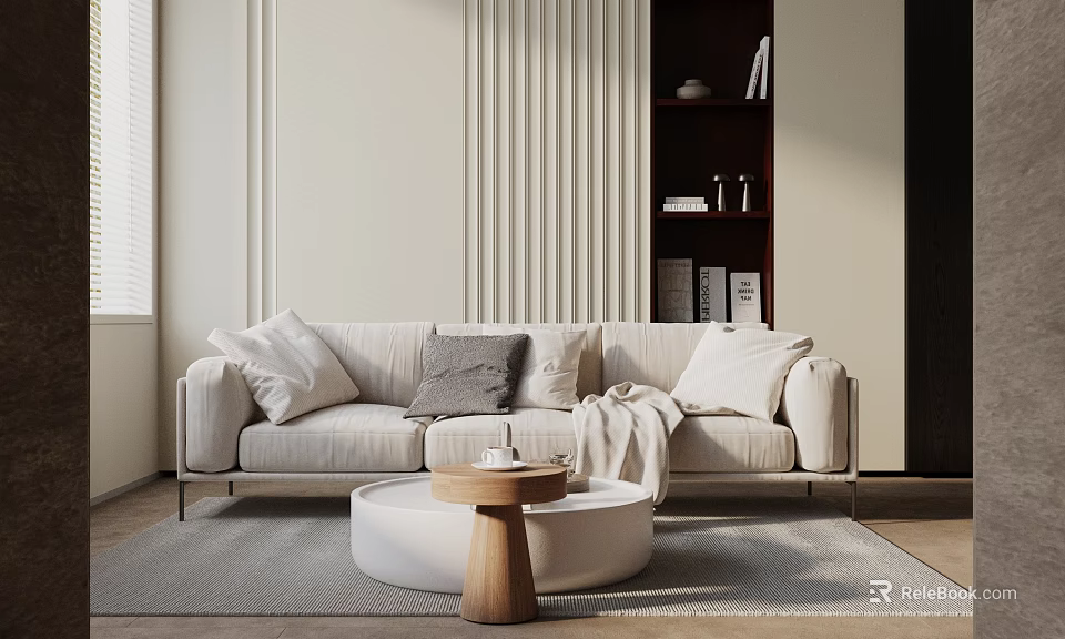Modern Beige Sofa and Round Wooden Coffee Table Set with Pillows Blanket on Gray Rug 3d model 