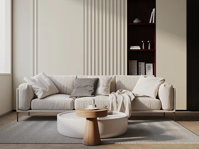 Modern Beige Sofa and Round Wooden Coffee Table Set with Pillows Blanket on Gray Rug 3d model