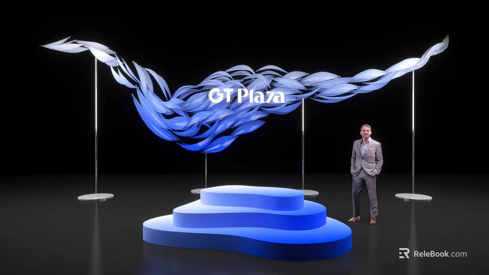 Blue Wavy Art Installation At G1 Plaza With Step Platform And Standing Person 3d model 