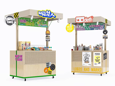 Mobile Commercial Vendor Equipment With Wooden Wheeled Structure Canopy Top Logos And Product 3d model