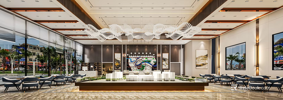 Modern Spacious Sales Office Interior With Crystal Chandelier Property Model And Decorative Paintings 3d model 