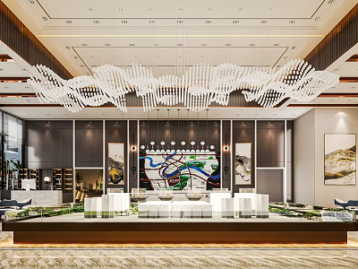 Modern Spacious Sales Office Interior With Crystal Chandelier Property Model And Decorative Paintings 3d model