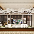 Modern Spacious Sales Office Interior With Crystal Chandelier Property Model And Decorative Paintings