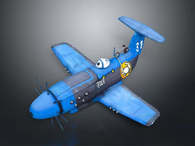 Blue Cartoon Airplane Model With Number 37 Propeller And Decorative Details 3d model