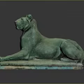 Reclining Green Bronze Lion Statue With Square Base And Dark Reflective Background