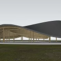 Garden Landscape With Modern Curved Roof Wooden Structure And Lush Greenery