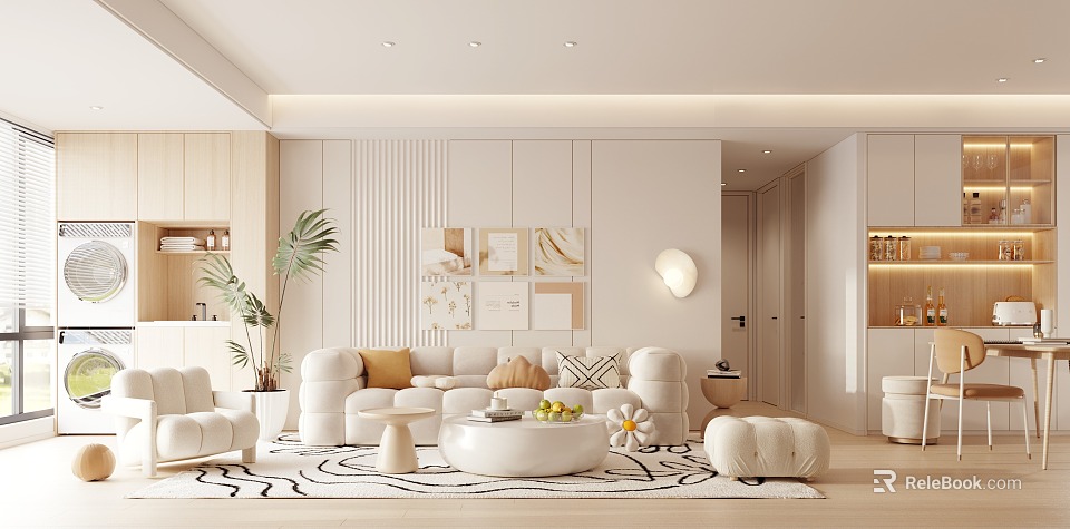 Modern Living Dining Room Interior With Comfy Sofa Coffee Table Decorative Wall Art And Plants 3d model 