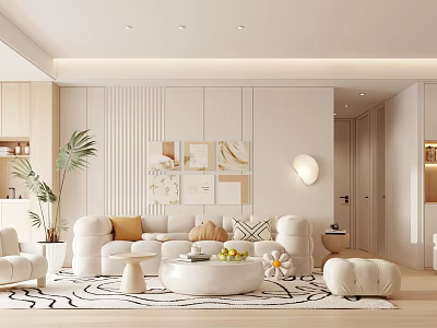 Modern Living Dining Room Interior With Comfy Sofa Coffee Table Decorative Wall Art And Plants 3d model