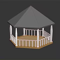 Hexagonal Gazebo Structure With Grey Roof White Columns And Wooden Platform