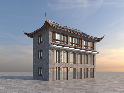 Ancient Chinese Architecture With Overhanging Eaves Multi Story Structure Brick Stone Walls And Wooden Windows 3d model