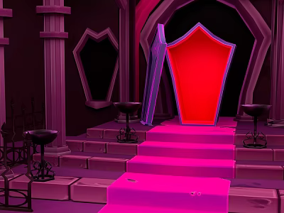 Purple And Pink Architectural Structure With Red Shield Shape Steps Black Stools And Arched Entrance 3d model
