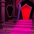 Purple And Pink Architectural Structure With Red Shield Shape Steps Black Stools And Arched Entrance