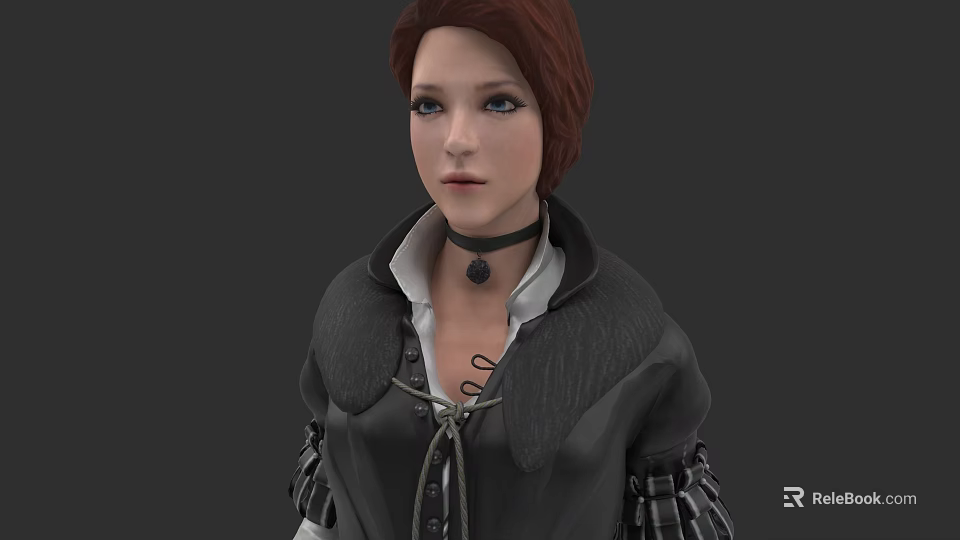 Video Game Movie Character With Red Short Hair And Black Lacing Costume Design 3d model 