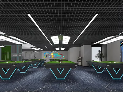 Modern Billiard Room Interior With Multiple Tables V Shaped Bases And Grid Ceiling 3d model