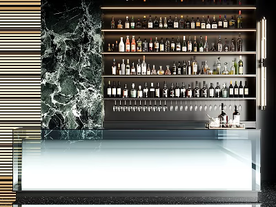 Modern Wine Cabinet With Multiple Shelves Various Wine Bottles And Marble Backdrop 3d model