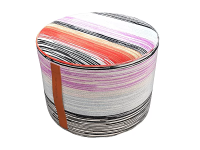 Round Colorful Striped Fabric Ottoman With Decorative Brown Strap For Living Room Decor 3d model