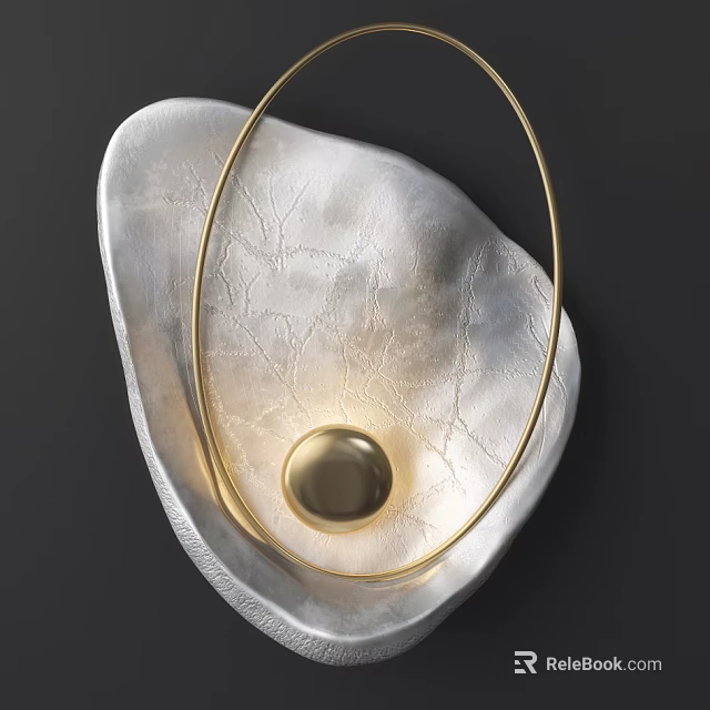 Abstract Modern Wall Lamp With Golden Circular Ring And Silver Textured Curved Surface 3d model 