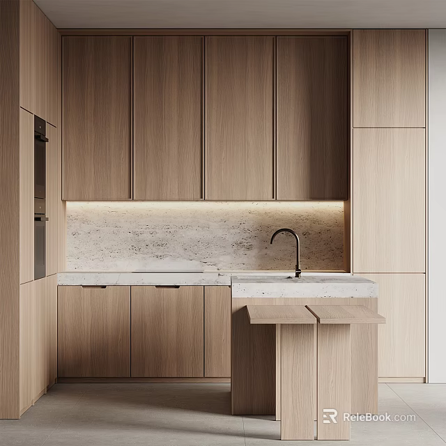 Modern Minimalist Kitchen Interior With Wooden Cabinets And Stone Countertop Lighting 3d model 