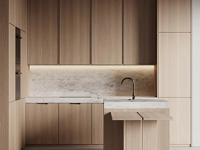 Modern Minimalist Kitchen Interior With Wooden Cabinets And Stone Countertop Lighting 3d model
