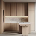 Modern Minimalist Kitchen Interior With Wooden Cabinets And Stone Countertop Lighting
