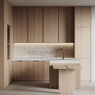 Modern Minimalist Kitchen Interior With Wooden Cabinets And Stone Countertop Lighting 3d model