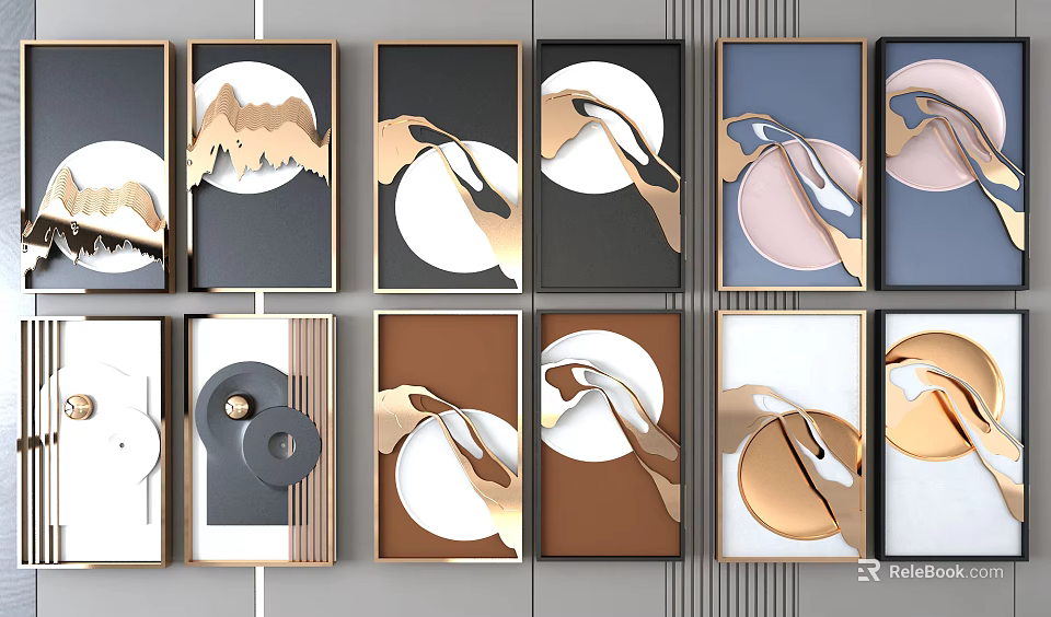 Elegant Modern Wall Art With Geometric Patterns And Gold Elements For Home Decor 3d model