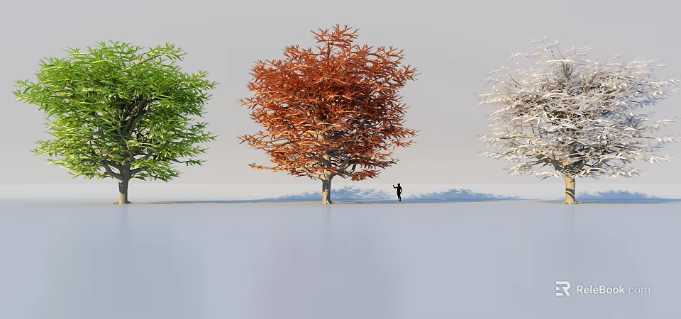 Three Arbor Trees With Green Orange White Foliage And Person Standing Underneath 3d model 