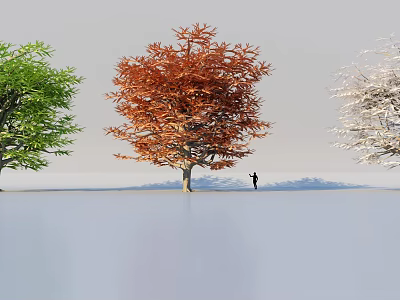Three Arbor Trees With Green Orange White Foliage And Person Standing Underneath 3d model