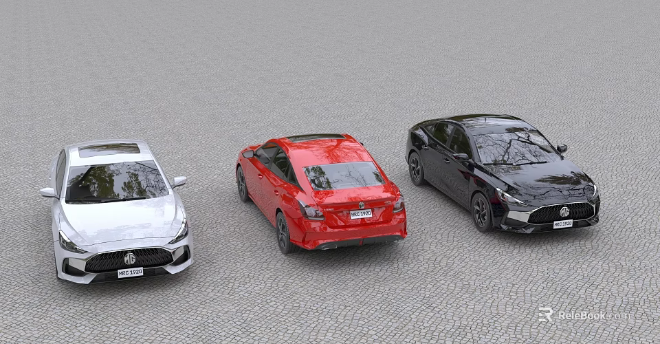 Three Cars In Different Colors On Paved Road 3d model