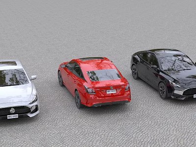 Three Cars In Different Colors On Paved Road 3d model