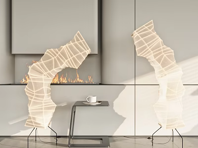 Unique Abstract Geometric Floor Lamp with White Mesh and Metal Stand in Modern Living Room 3d model