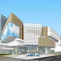 Modern Urban Commercial Street With Glass Facades LED Screens Pedestrians Greenery And Vehicles