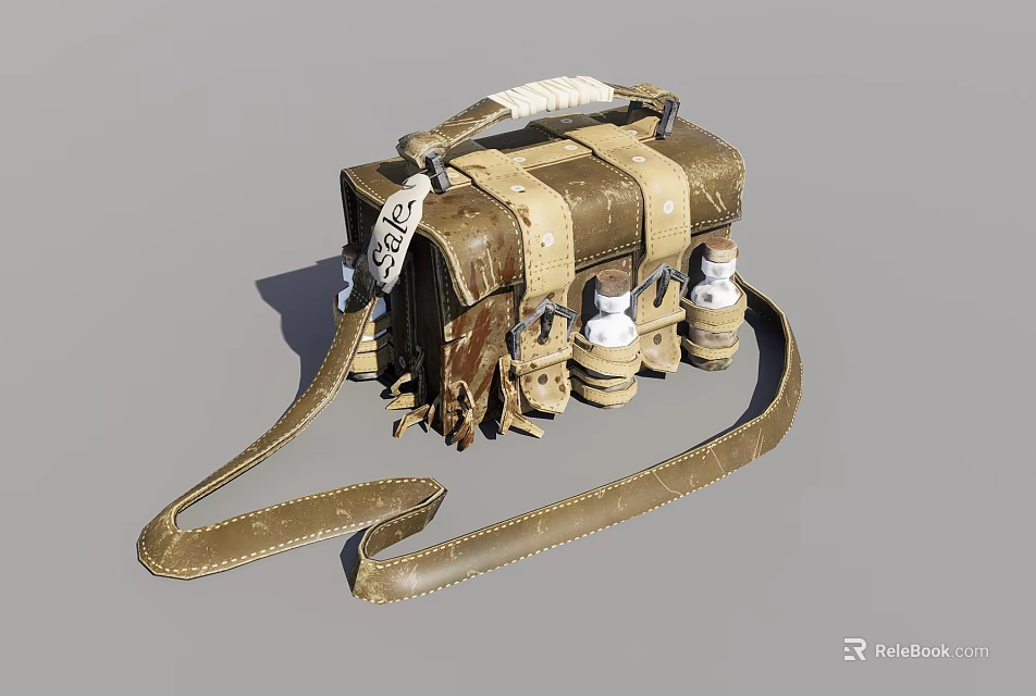 Vintage Leather Bag With White Wrapped Handle Straps And Attached Small Bottles 3d model 